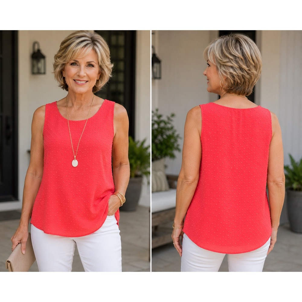 Chico's New Swiss Dot Sleeveless Tank Top Coral Pink Size 2 L Career Blouse Chic